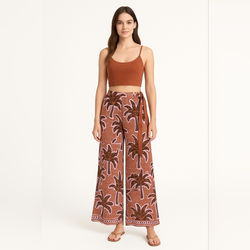 NWT Joie SET 2 Pieces Women's Brown Palm Tree Pants Satin Tie Top Ruched LARGE‎
